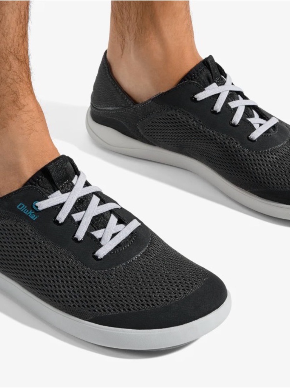 OluKai Men’s Black Mesh Boat Shoe with White Laces